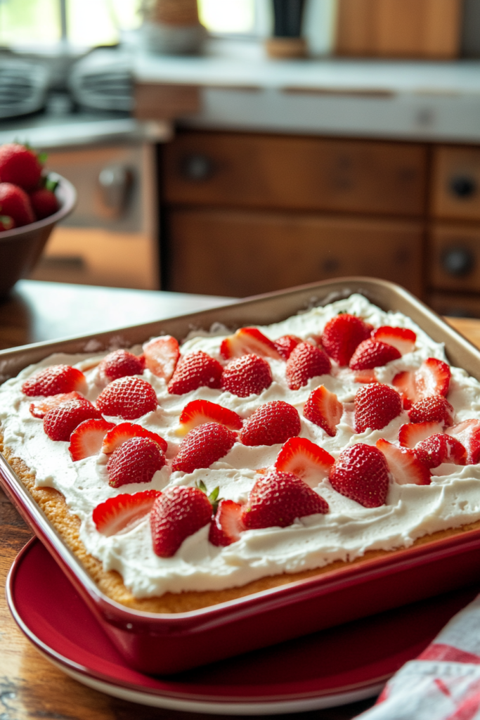 Spreading the shortcake batter into the baking pan for Strawberry Shortcake.