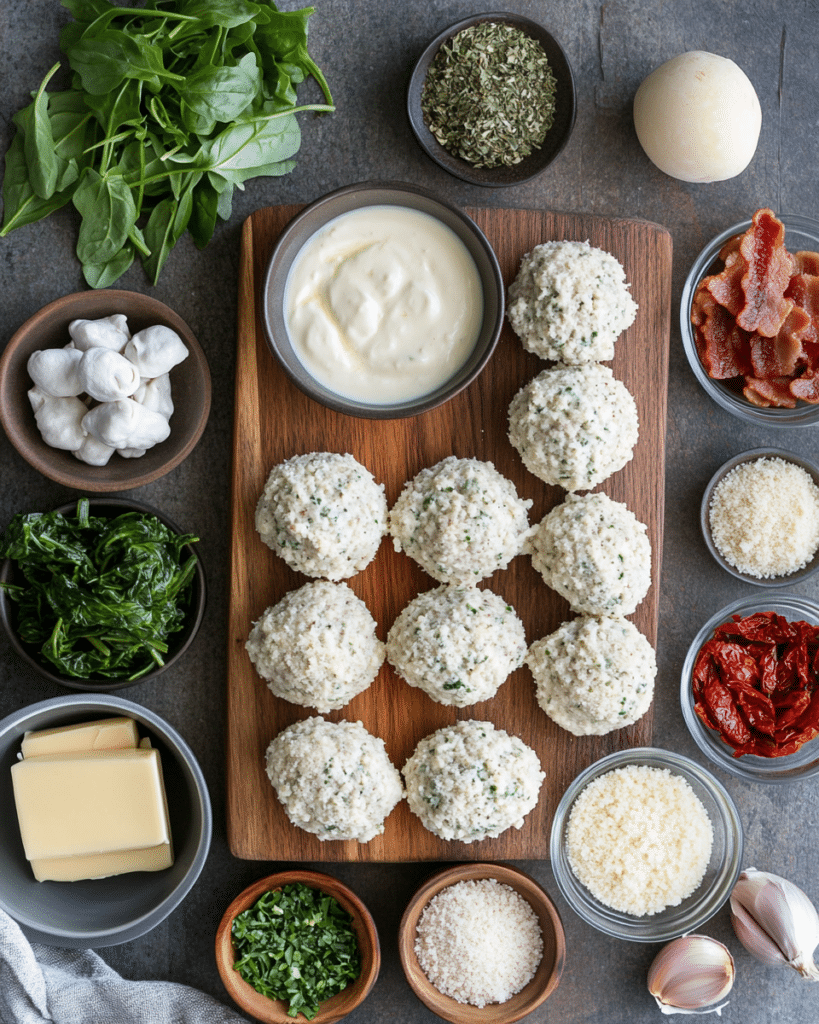 Ingredients for Creamy Spinach Turkey Meatballs, including ground turkey/chicken, spinach, cream, and Parmesan.