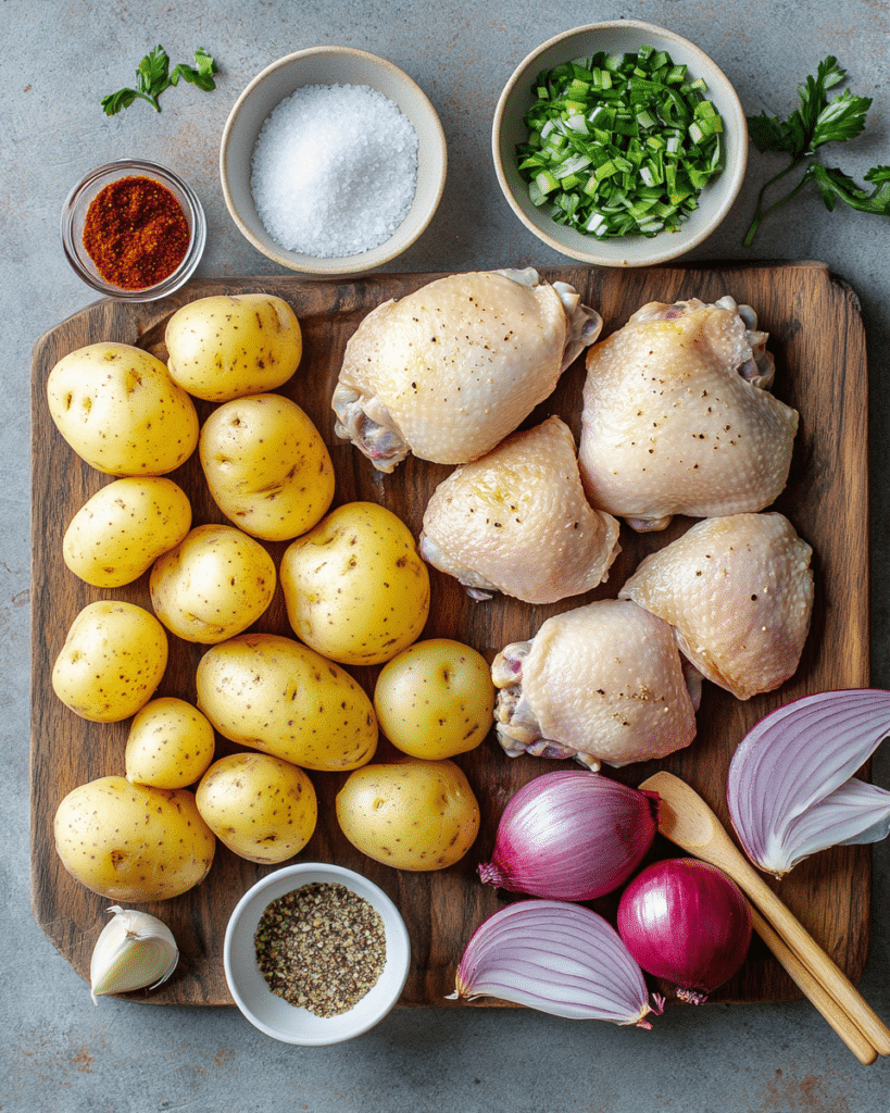  Ingredients for Baked Garlic Chicken and Potatoes, including chicken thighs, potatoes, onions, and spices.
