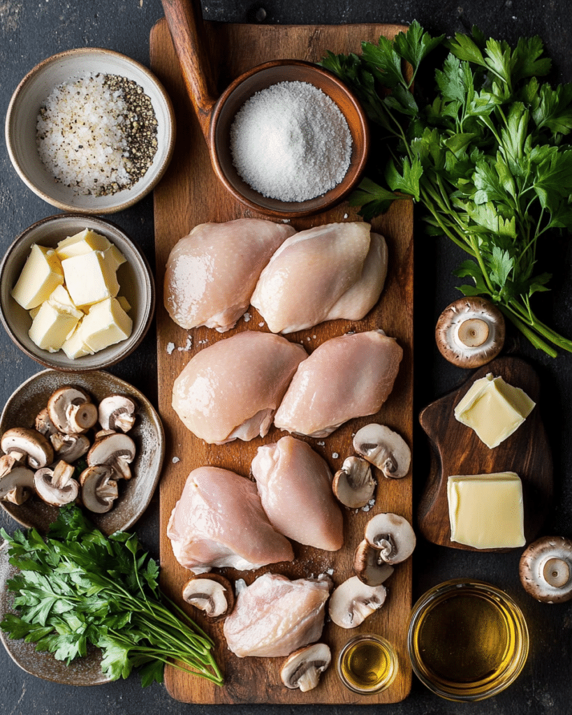 Ingredients for Bobby Flay Chicken Marsala, including chicken breasts, Marsala wine, mushrooms, and butter.