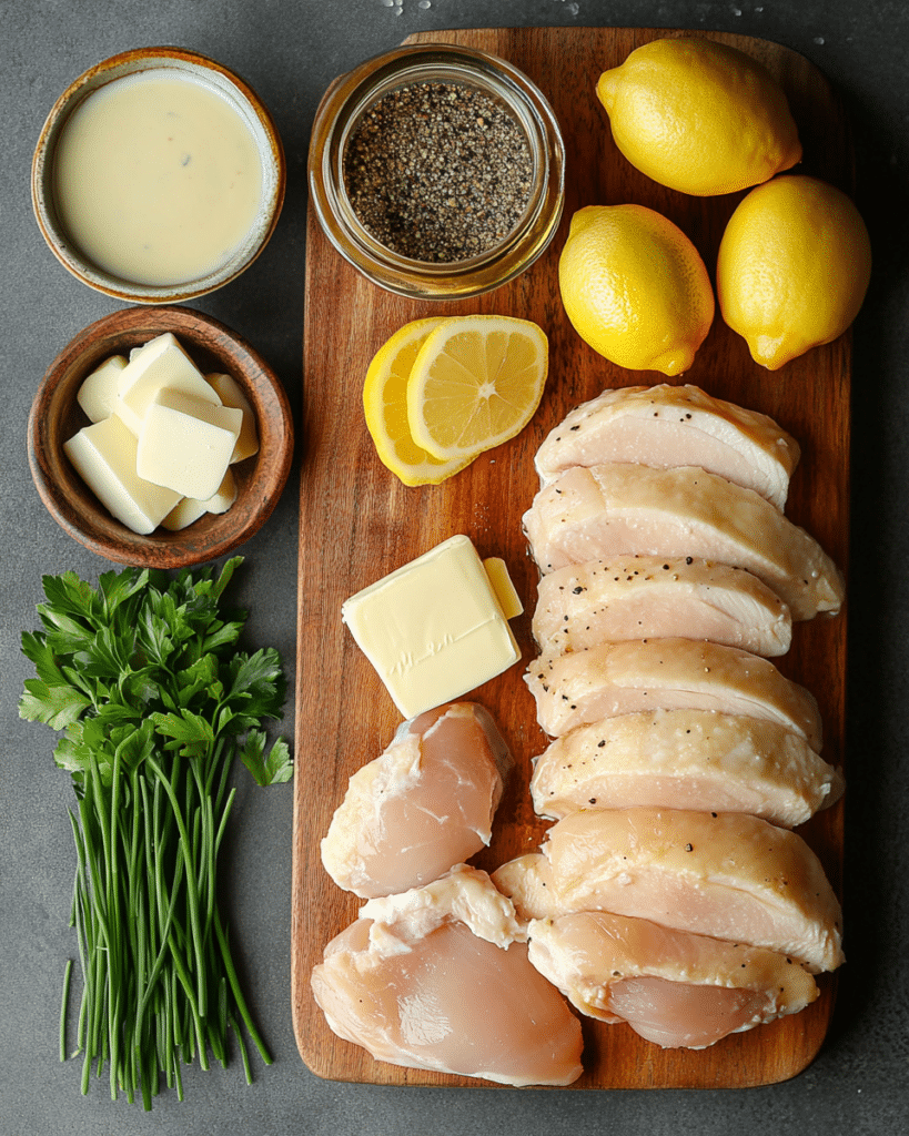  Ingredients for Chardonnay Chicken, including chicken breasts, Chardonnay wine, cream, shallots, and garlic.