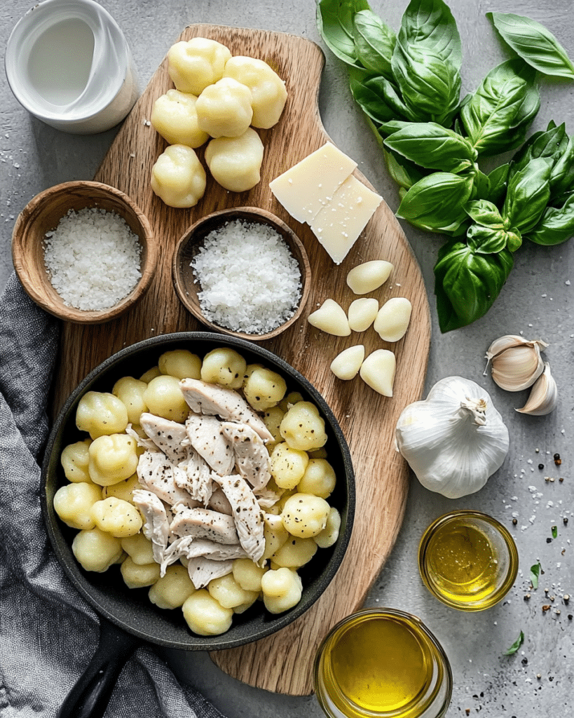 Ingredients for Garlic Chicken Gnocchi Skillet, including chicken, gnocchi, cream, Parmesan, and garlic.