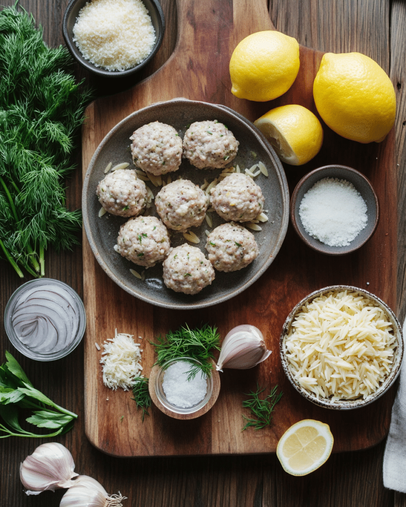 Ingredients for Greek Turkey Meatballs with Tzatziki, including ground turkey, herbs, yogurt, and cucumber.