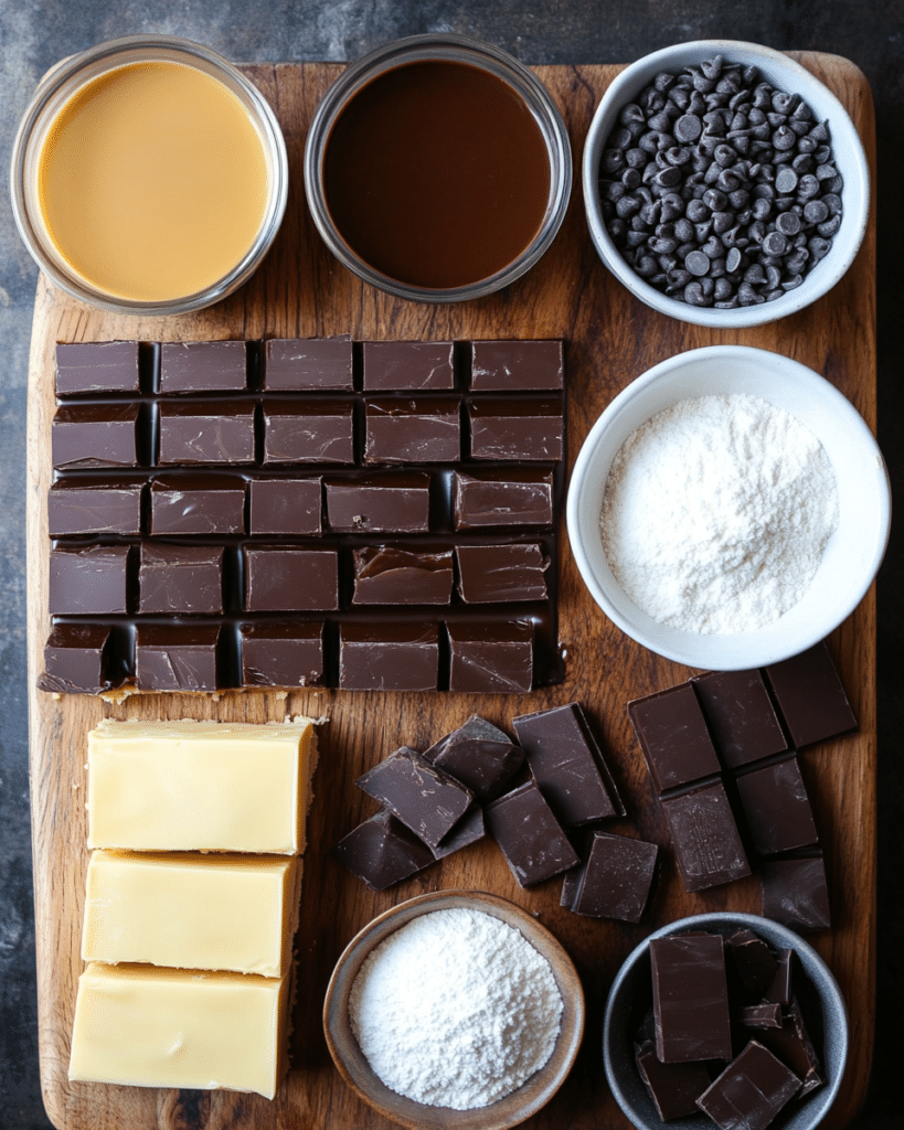 Ingredients for Caramel Millionaire Bars, including butter, sugar, condensed milk, chocolate chips, and graham crackers (or flour).