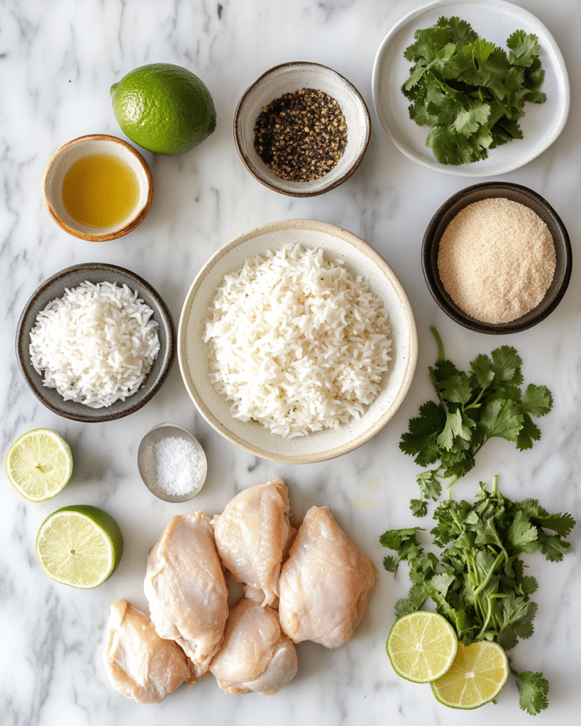 Ingredients for Coconut Lime Chicken and Rice, including chicken breasts, coconut milk, lime, cilantro, and rice.