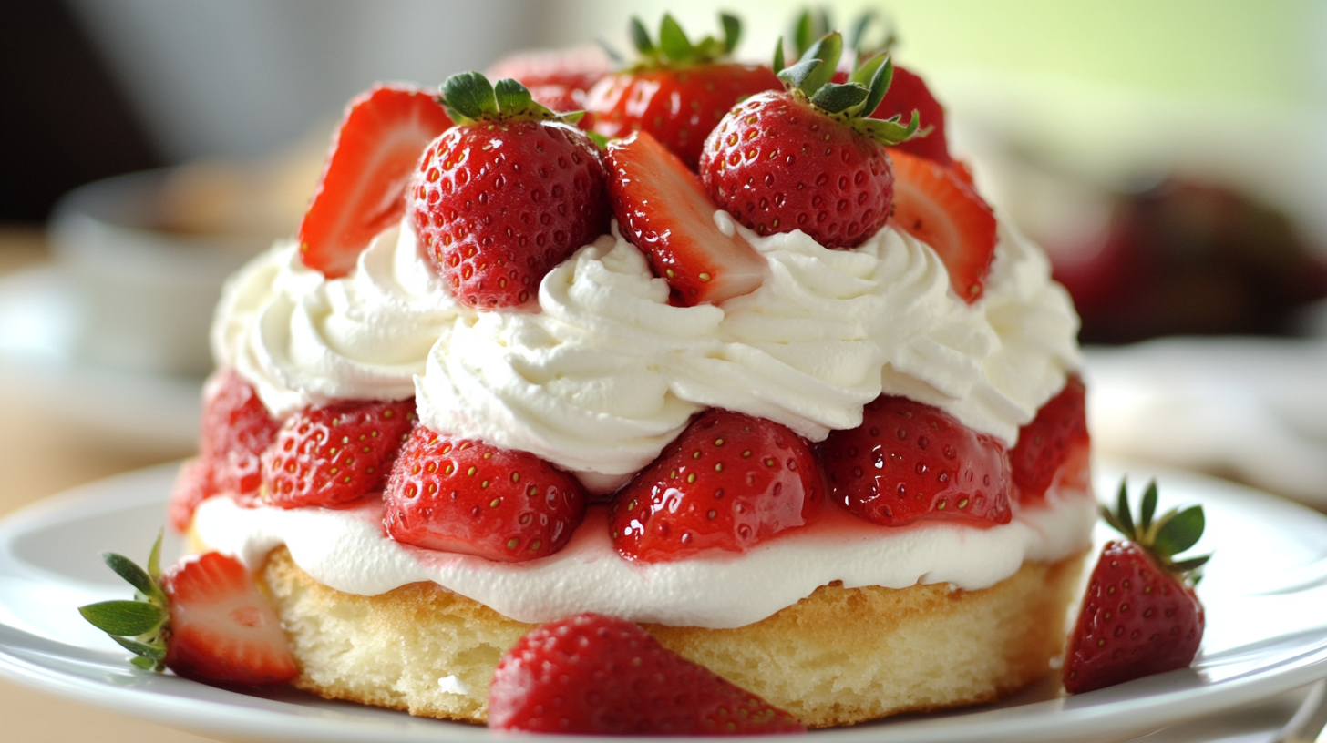 A slice of Strawberry Shortcake cake base topped with juicy strawberries and whipped cream.