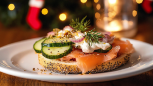 An open-faced Lox Bagel piled high with cream cheese, smoked salmon, cucumber, red onion, capers, and dill.