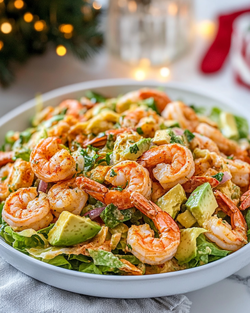Tossing the cooked shrimp and vegetables with the creamy dressing for Shrimp Avocado Salad.