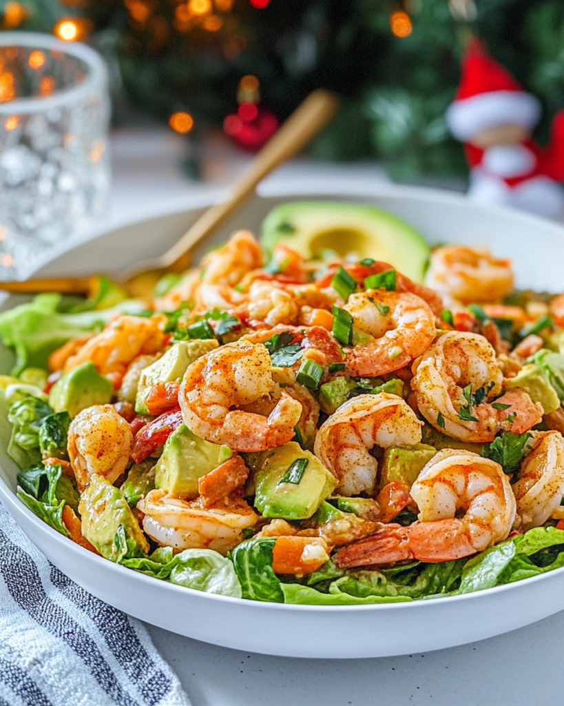 Healthy Shrimp Avocado Salad (Easy Old Bay Dressing!) 10 A close-up of the Shrimp Avocado Salad showing the various textures and ingredients.
