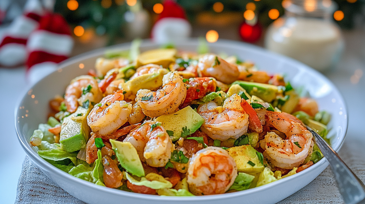 A vibrant bowl of Shrimp Avocado Salad with lettuce, peppers, onions, cilantro, and creamy dressing.