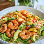 Ingredients for Shrimp Avocado Salad, including shrimp, avocado, lettuce, bell pepper, onion, and dressing components like Old Bay.