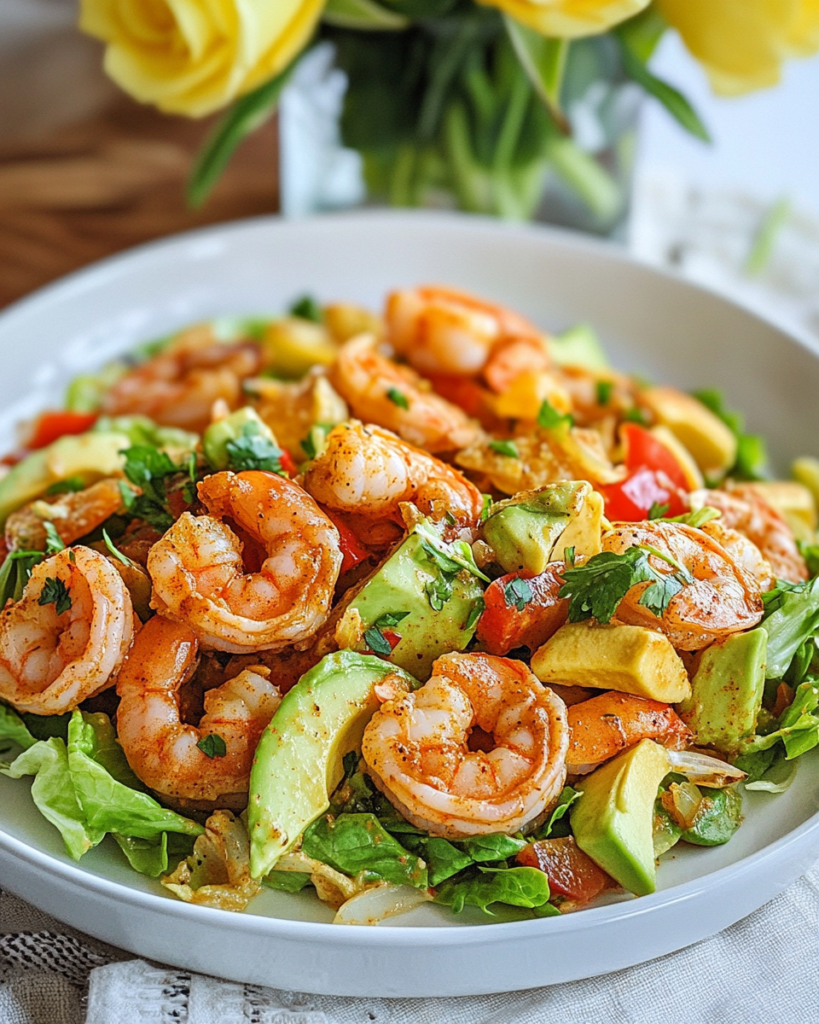 Ingredients for Shrimp Avocado Salad, including shrimp, avocado, lettuce, bell pepper, onion, and dressing components like Old Bay.