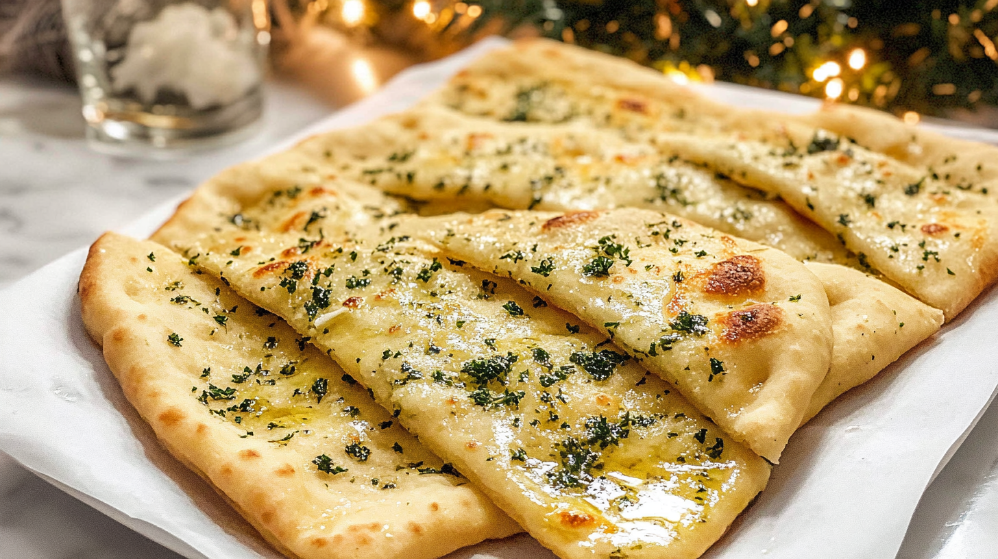 Golden-brown Garlic Herb Butter Flatbread sliced into strips, garnished with parsley.