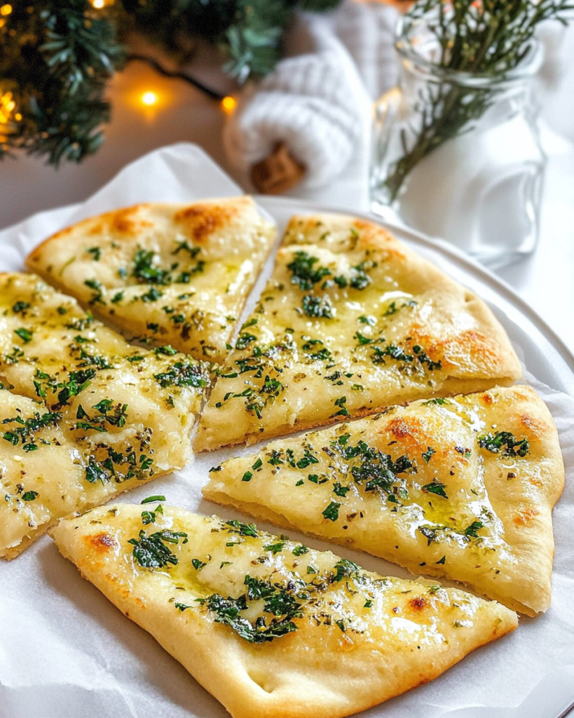 Easy Garlic Herb Butter Flatbread (Quick Appetizer!) 10 Ingredients for Garlic Herb Butter Flatbread, including naan or pita bread, butter, garlic, parsley, and olive oil.
