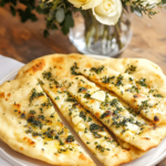 Garlic Herb Butter Flatbread served on a platter with soup or as an appetizer.