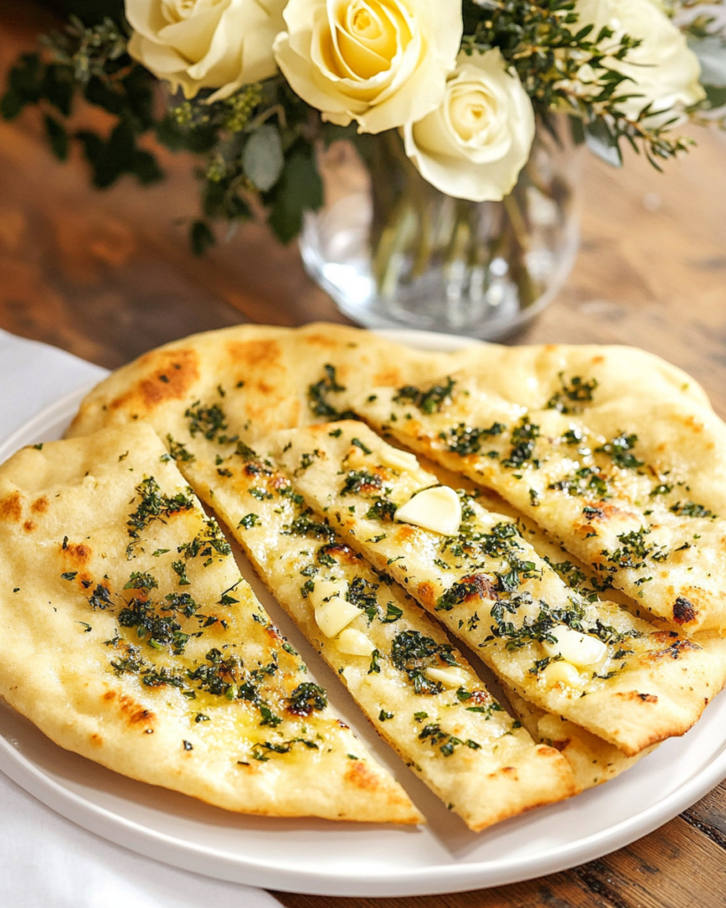 Garlic Herb Butter Flatbread served on a platter with soup or as an appetizer.
