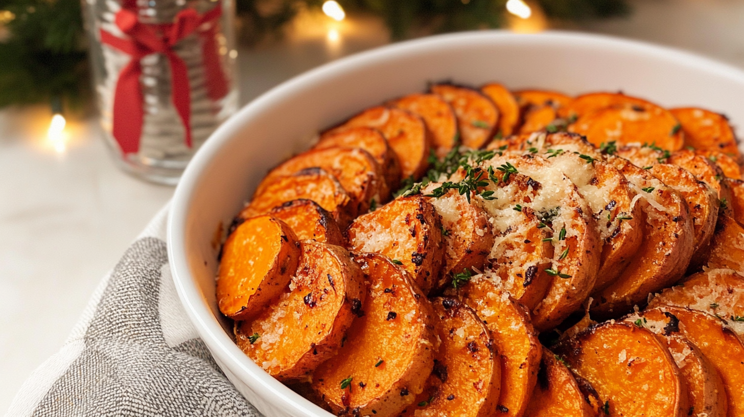 Golden-brown Garlic Parmesan Roasted Sweet Potatoes arranged beautifully in a baking dish or on a platter.
