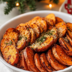 Arranging the seasoned sweet potato slices in a spiral or overlapping pattern in a baking dish for Roasted Sweet Potatoes.