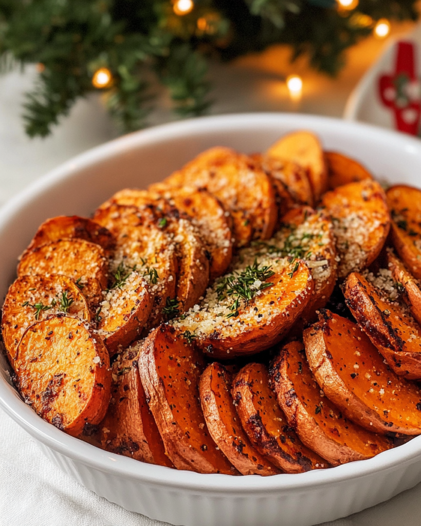 Arranging the seasoned sweet potato slices in a spiral or overlapping pattern in a baking dish for Roasted Sweet Potatoes.