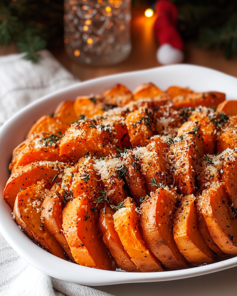 Ingredients for Garlic Parmesan Roasted Sweet Potatoes, including sliced sweet potatoes, Parmesan cheese, butter, garlic, and herbs.