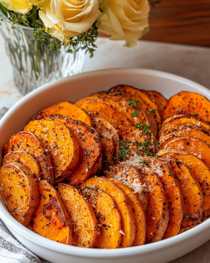 Garlic Parmesan Roasted Sweet Potatoes served as a side dish on a plate next to a main course.