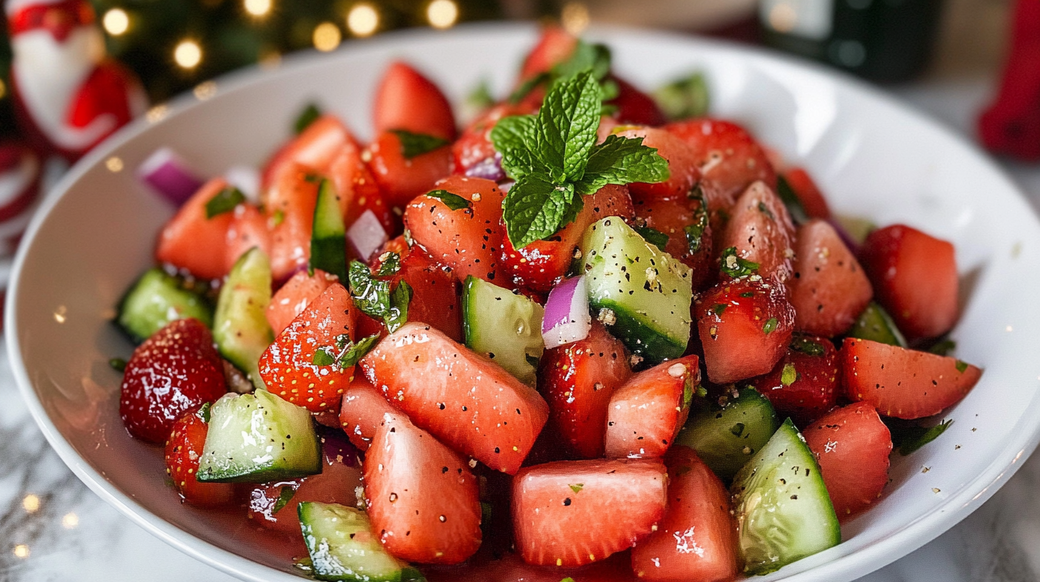 A vibrant bowl of Cucumber Strawberry Salad with watermelon chunks, feta (optional), and fresh mint.