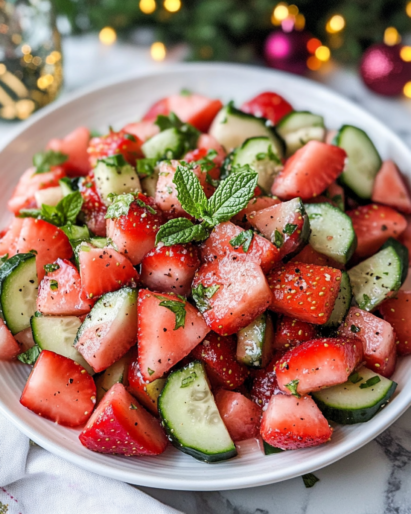 Individual servings of Cucumber Strawberry Salad in small bowls or cups.