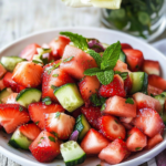 Gently tossing the fruits, vegetables, and dressing together in a large bowl for Cucumber Strawberry Salad.
