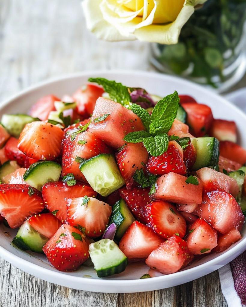 Gently tossing the fruits, vegetables, and dressing together in a large bowl for Cucumber Strawberry Salad.