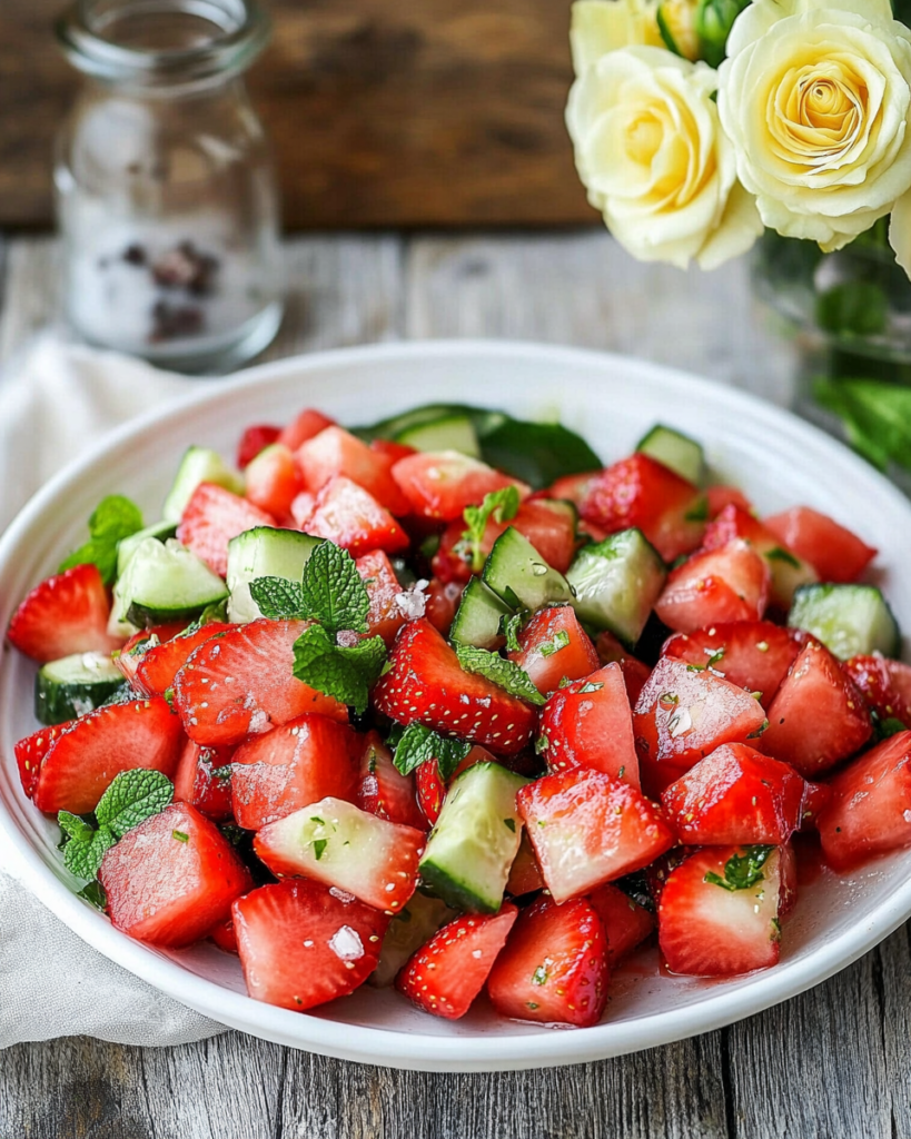 Ingredients for Cucumber Strawberry Salad, including strawberries, watermelon, cucumber, red onion, mint, lime, and olive oil.