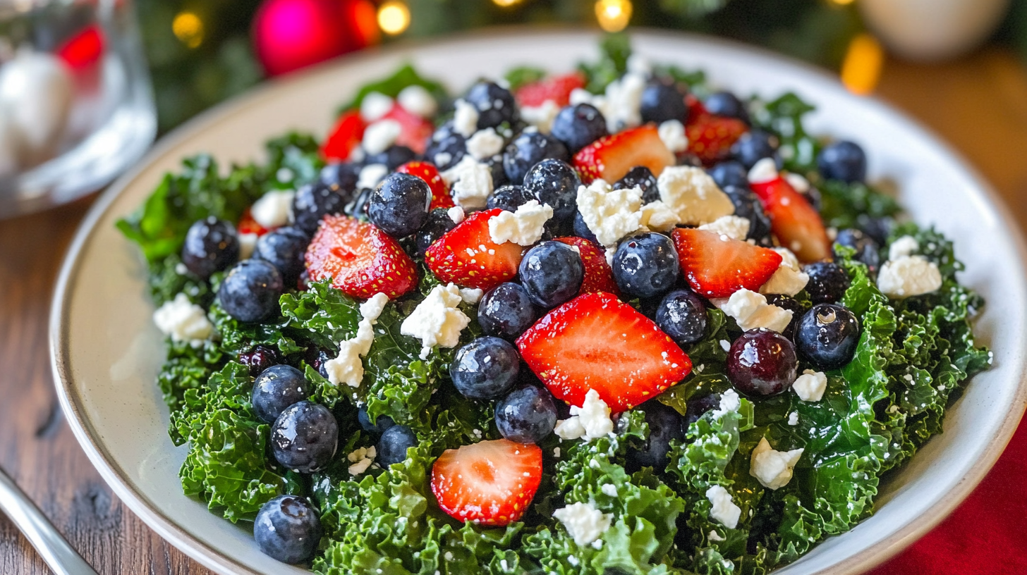 A large colorful bowl of Summer Kale Salad with blueberries, strawberries, feta, and dressing.