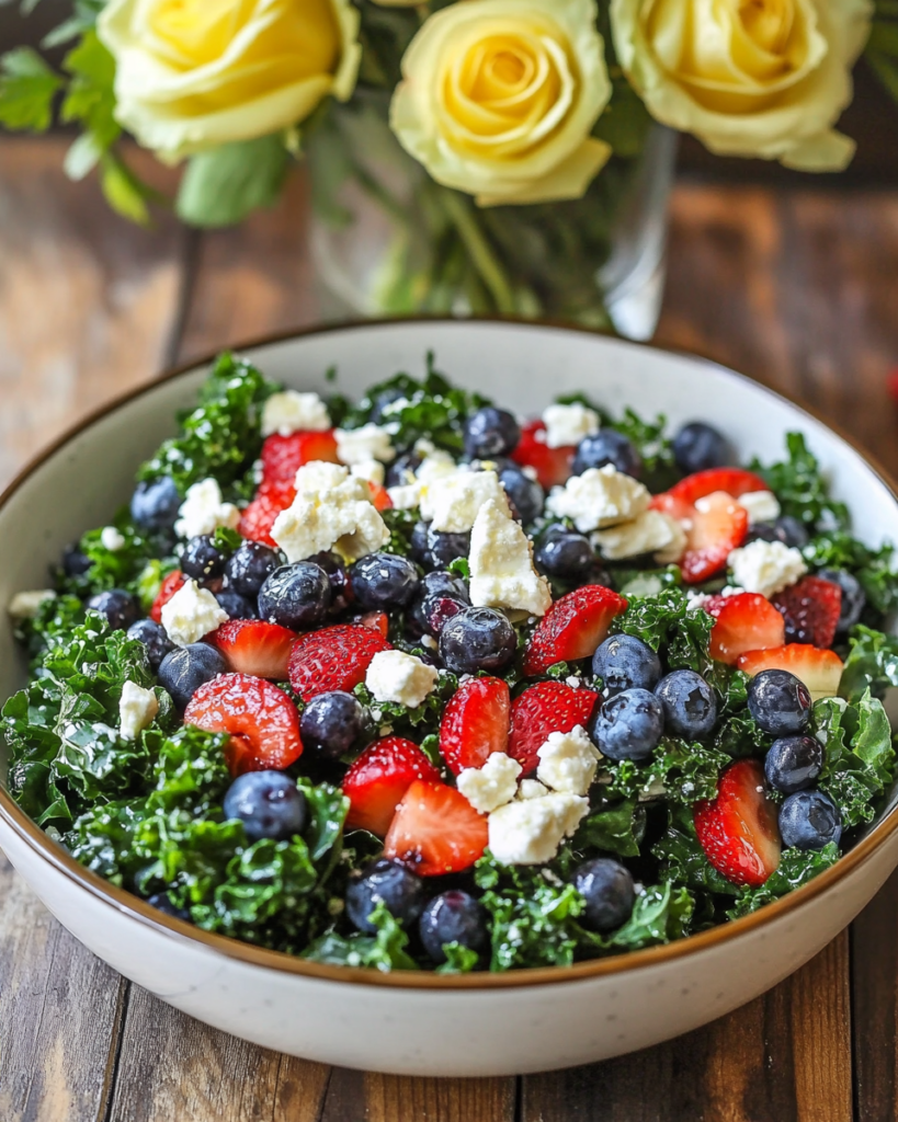 Ingredients for Summer Kale Salad, including kale, strawberries, blueberries, feta, lemon, and olive oil.