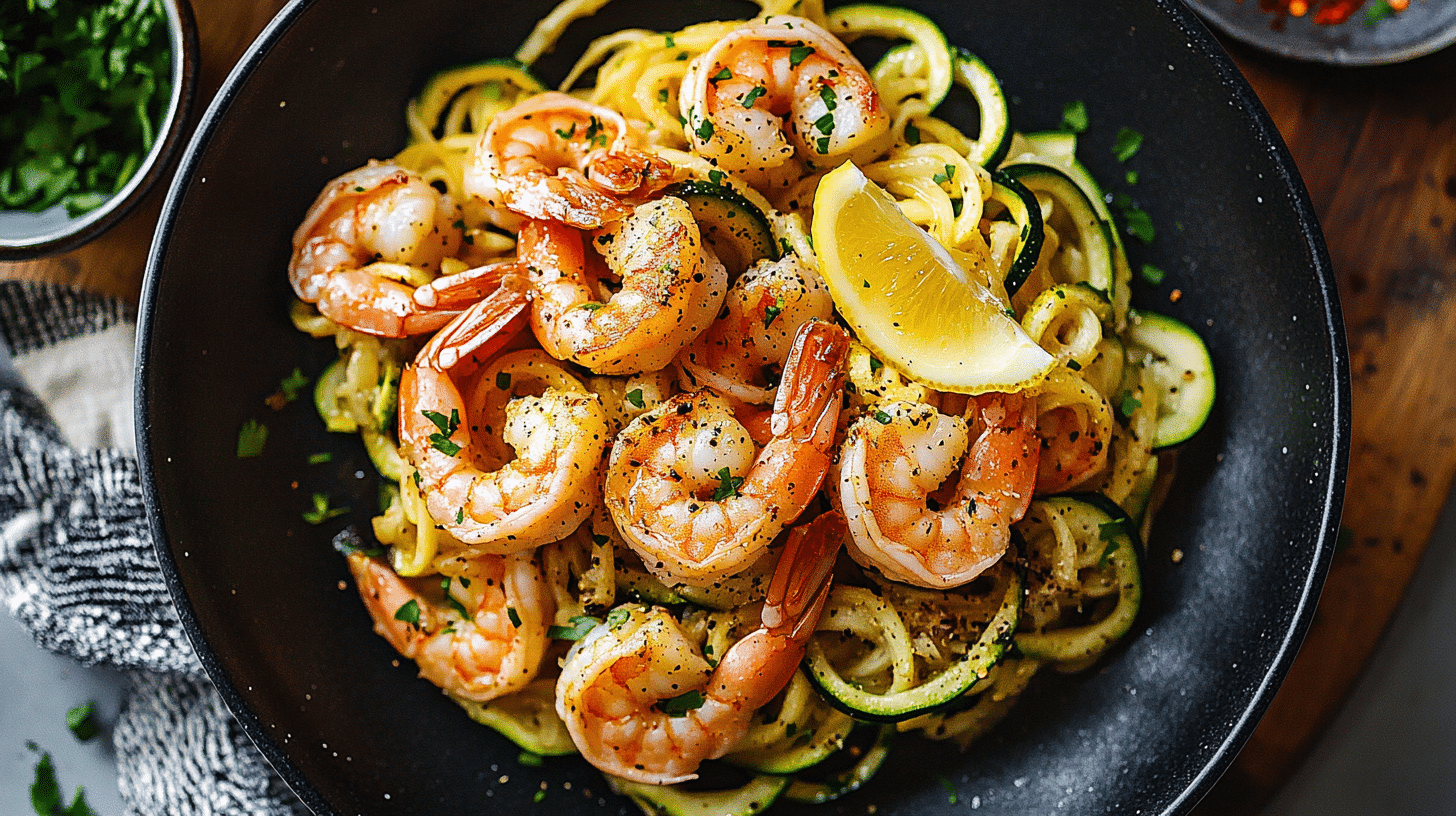 A skillet of Lemon Garlic Butter Shrimp with Zucchini Noodles, garnished with fresh parsley.