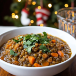 Ingredients for Green Lentil Stew, including green lentils, carrots, onion, garlic, broth, and bay leaves.