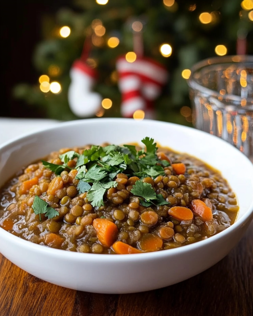 Ingredients for Green Lentil Stew, including green lentils, carrots, onion, garlic, broth, and bay leaves.