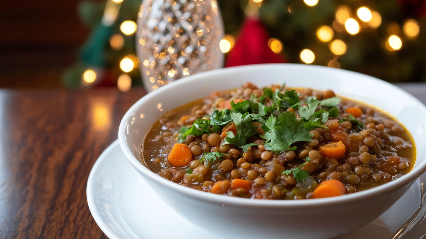A hearty bowl of Green Lentil Stew with visible lentils, carrots, and onions, garnished with cilantro.