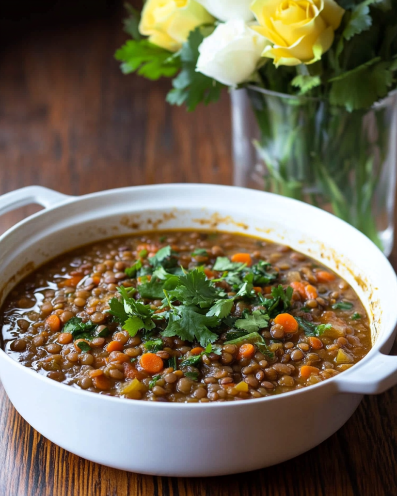 Green Lentil Stew served in bowls with spoons and crusty bread on the side.
