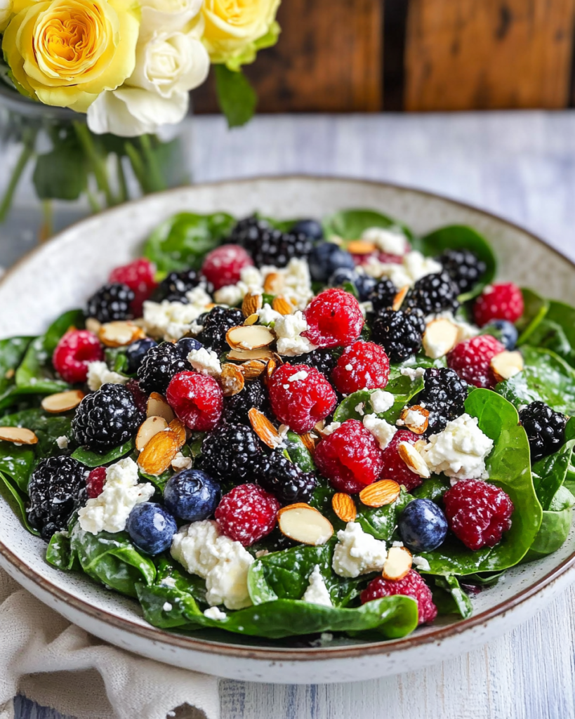 An individual serving of Mixed Berry Spinach Salad on a plate.