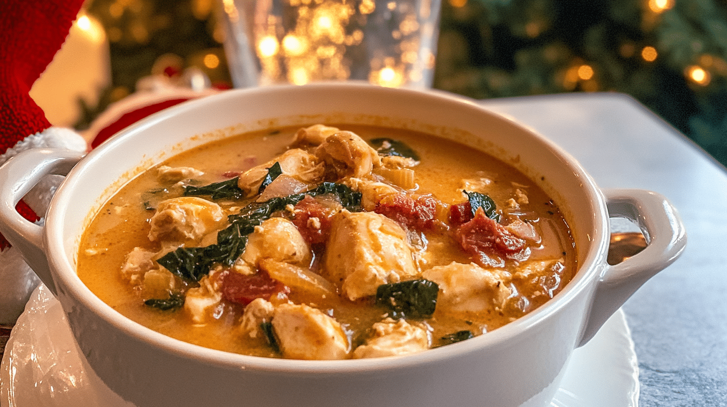 Creamy Marry Me Chicken Soup (Easy Recipe!) 43 A creamy bowl of Marry Me Chicken Soup with pasta, chicken, spinach, and sun-dried tomatoes, garnished with Parmesan and basil.