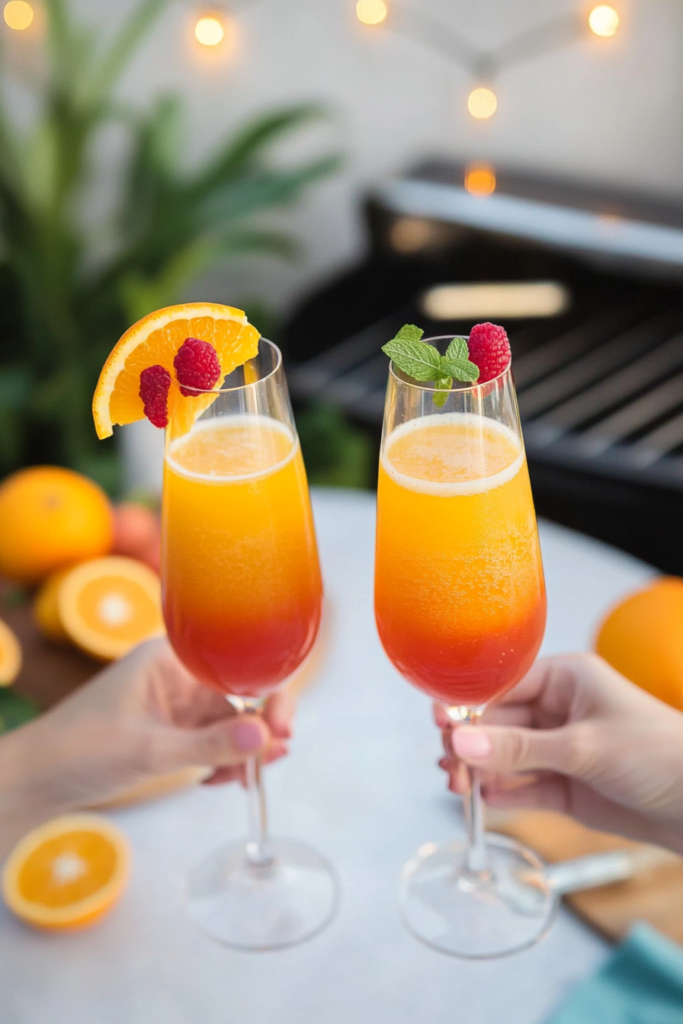 Several glasses of Tequila Sunrise Mimosa ready for a brunch or party.