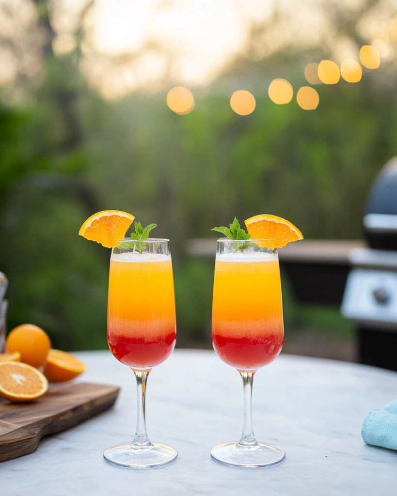 Pouring grenadine gently down the side of the glass to create the sunrise effect for Tequila Sunrise Mimosa.