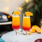 Ingredients for Tequila Sunrise Mimosa, including tequila, champagne/Prosecco, orange juice, and grenadine.