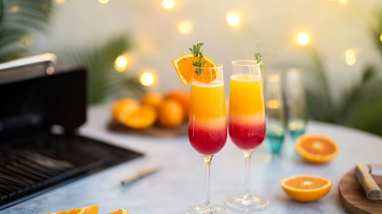 A champagne flute filled with a layered Tequila Sunrise Mimosa, showing the orange and red gradient, garnished with an orange slice.