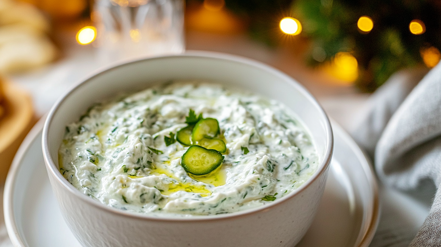 A creamy bowl of Tzatziki (Greek Cucumber Sauce), garnished with fresh herbs and a drizzle of olive oil.