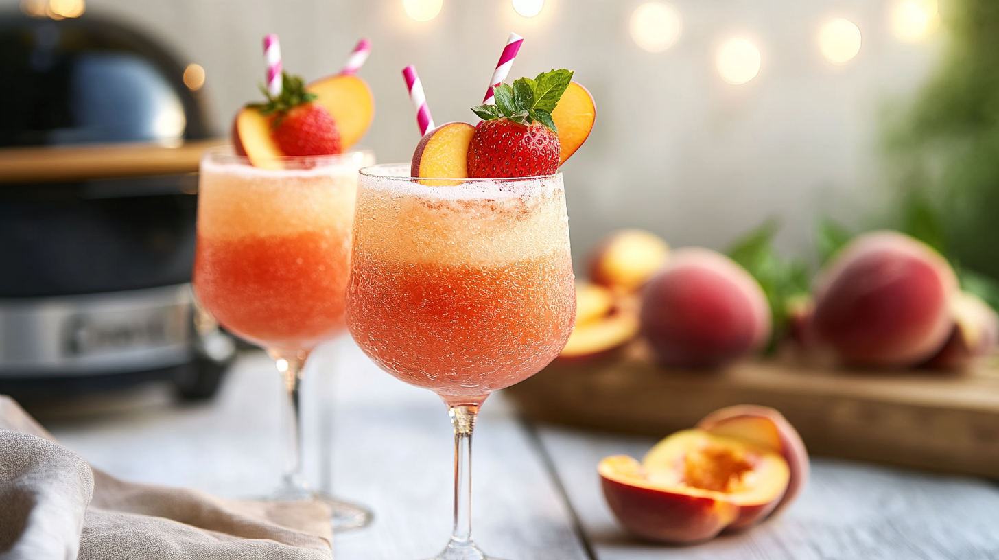 Frosty glasses filled with slushy pink-orange Frozen Peach Bellini cocktails, garnished with peach slices.