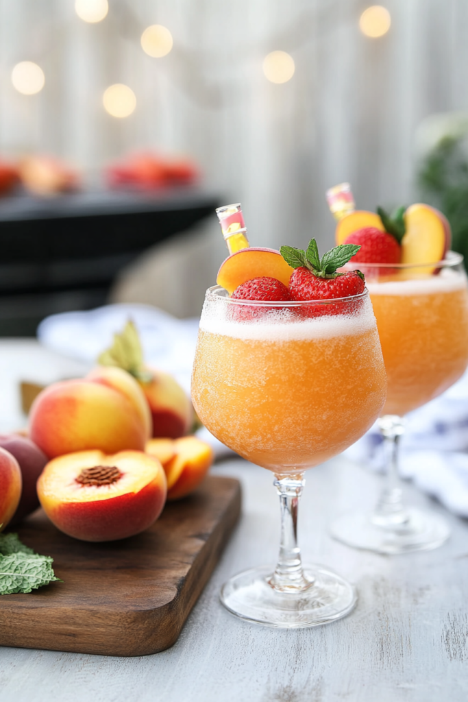 Frozen Peach Bellini (Okanagan Style!) 10 Ingredients for Frozen Peach Bellini, including frozen peaches, frozen strawberries, white wine, and peach schnapps.