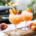 Blending the fruit, wine, and ice together in a blender for Frozen Peach Bellini.