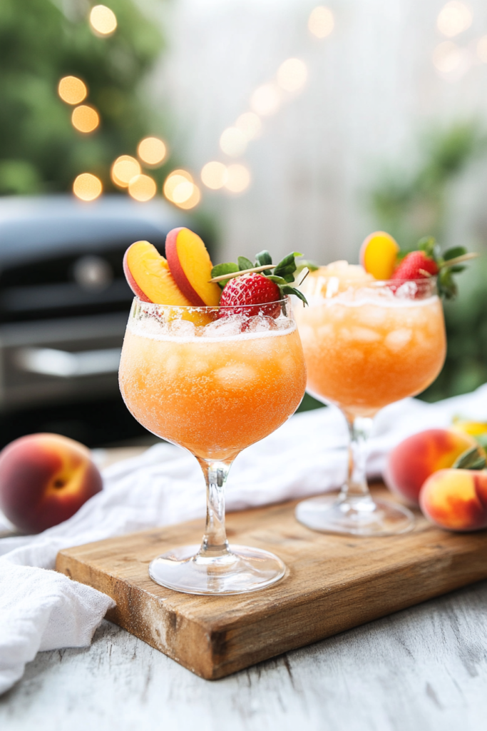 Blending the fruit, wine, and ice together in a blender for Frozen Peach Bellini.