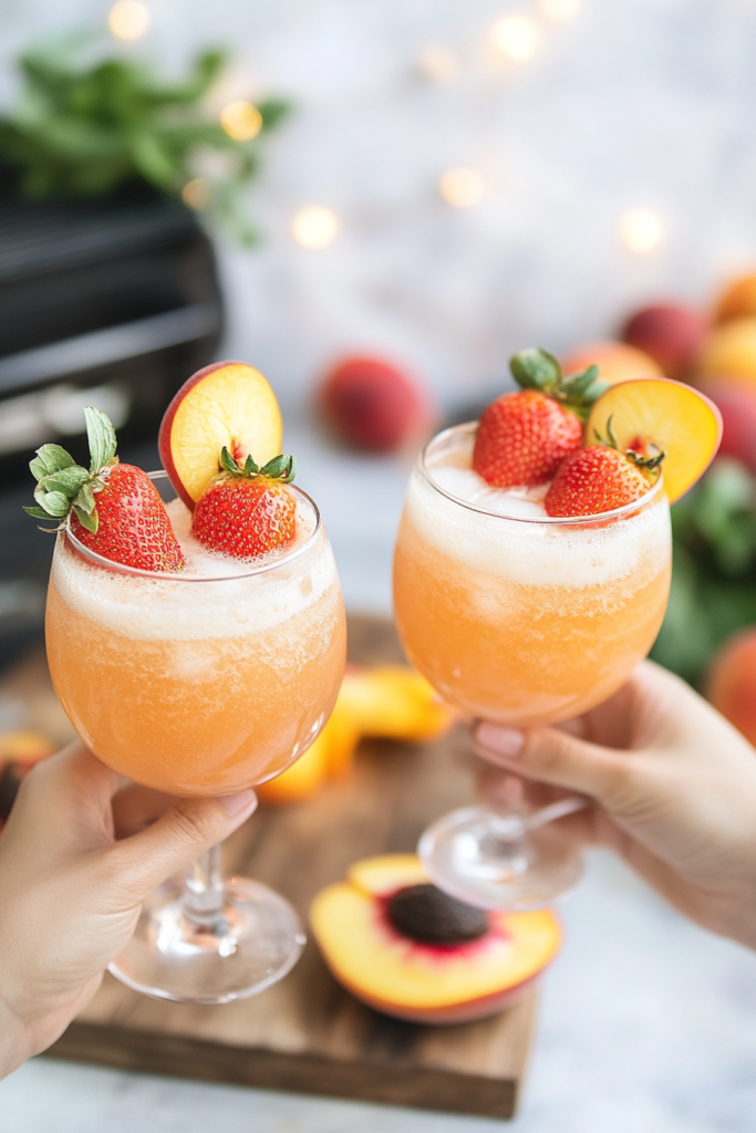 Someone sipping a Frozen Peach Bellini on a patio or at a summer gathering.