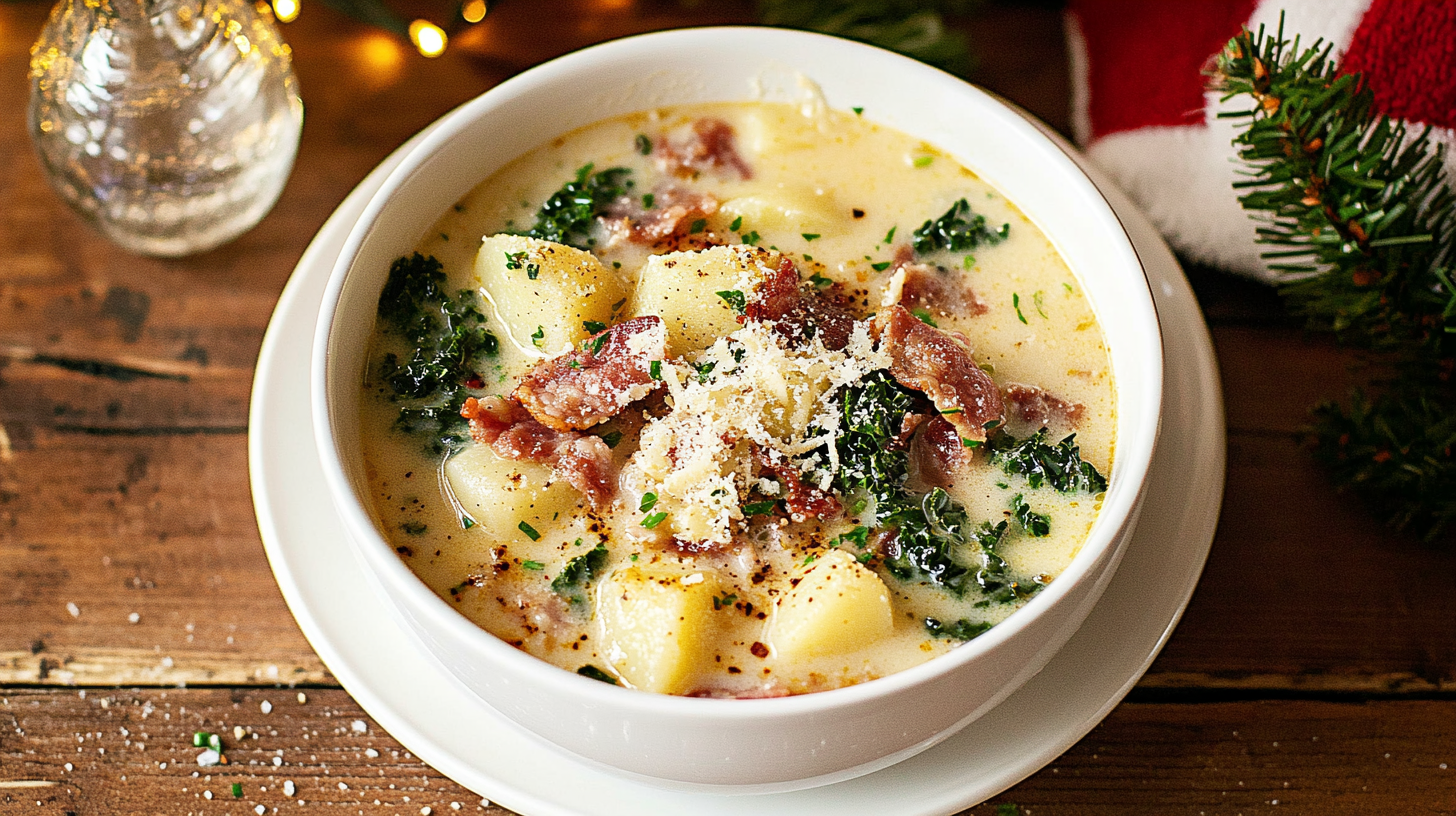 A creamy bowl of Instant Pot Zuppa Toscana with sausage, potatoes, and kale, garnished with bacon.